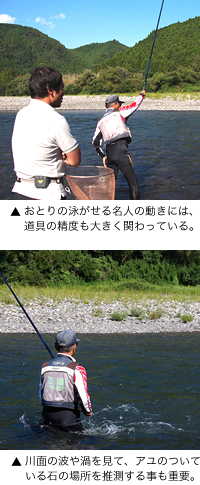 おとりの泳がせる名人の動きには、道具の精度も大きく関わっている。川面の波や渦を見て、アユのついている石の場所を推測する事も重要。