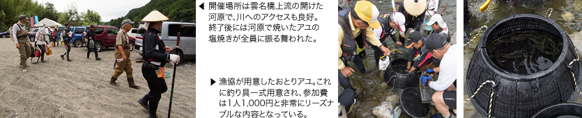 写真左：開催場所は雲名橋上流の開けた河原で、川へのアクセスも良好。終了後には河原で焼いたアユの塩焼きが全員に振る舞われた。　写真右：漁協が用意したおとりアユ。これに釣り具一式用意され、参加費は1人1,000円と非常にリーズナブルな内容となっている。