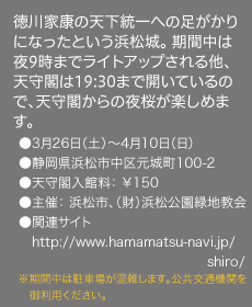 徳川家康の天下統一への足がかりになったという浜松城。 期間中は夜9時までライトアップされる他、天守閣は19:30まで開いているので、天守閣からの夜桜が楽しめます。