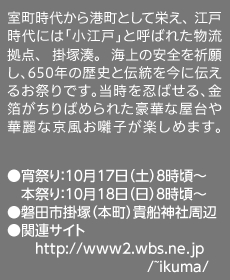 室町時代から港町として栄え、 江戸時代には「小江戸」と呼ばれた物流拠点、 掛塚地区に伝わるお祭りです。当時を忍ばせる、金箔がちりばめられた豪華な屋台や華麗なお囃子をお楽しみください。