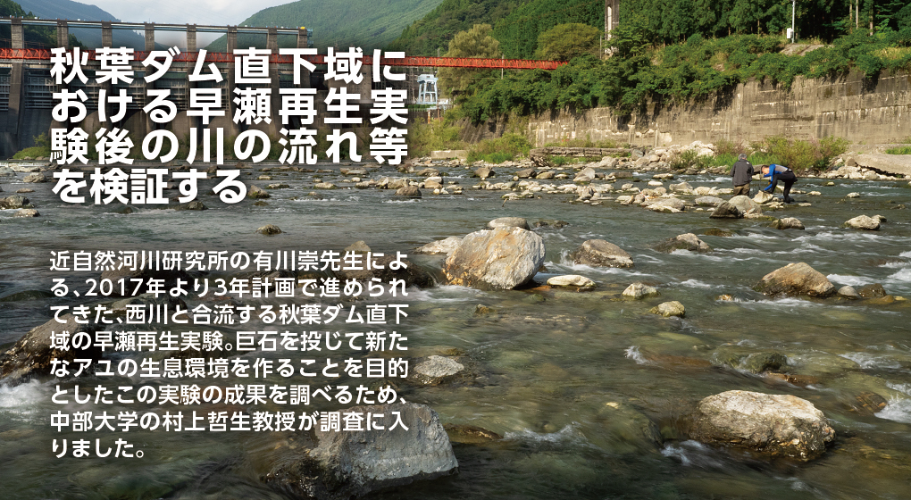 秋葉ダム直下域における早瀬再生実験後の川の流れ等の変化を調べる　2020.10.2　近自然河川研究所の有川崇先生による、201●年より3年計画で進められてきた、西川と合流する秋葉ダム直下域の早瀬再生実験。巨石を投じて新たなアユの生息環境を作ることを目的としたこの実験の成果を調べるため、中部大学の村上哲生教授が調査に入りました。