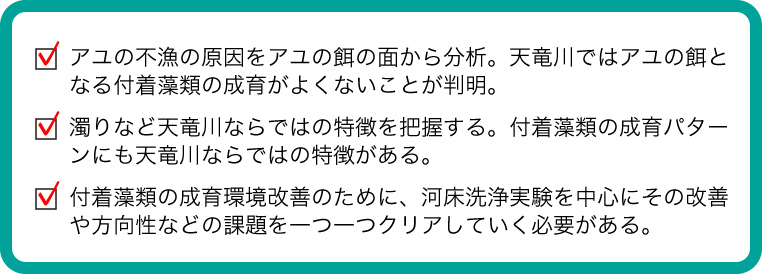 アユの不漁の原因をアユの餌の面から分析。天竜川ではアユの餌となる付着藻類の成育がよくないことが判明。　濁りなど天竜川ならではの特徴を把握する。付着藻類の成育パターンにも天竜川ならではの特徴がある。　付着藻類の成育環境改善のために、河床洗浄実験を中心にその改善や方向性などの課題を一つ一つクリアしていく必要がある。