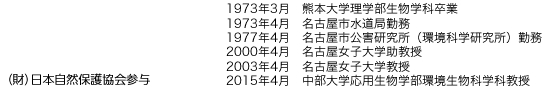 （財）日本自然保護協会参与　1973年3月：熊本大学理学部生物学科卒業　1973年4月：名古屋市水道局勤務　1977年4月：名古屋市公害研究所（環境科学研究所）勤務　2000年4月：名古屋女子大学助教授　2003年4月：名古屋女子大学教授　2015年4月：中部大学応用生物学部環境生物科学科教授