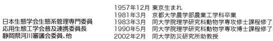 日本生態学会生態系管理専門委員、応用生態工学会普及連携委員長、静岡県河川審議会委員、他。　1957年12月：東京生まれ　1981年3月：京都大学農学部農業工学科卒業　1983年3月：同大学院理学研究科動物学専攻修士課程修了　1990年5月：同大学院理学研究科動物学専攻博士課程修了　2002年2月：同大学防災研究所助教授