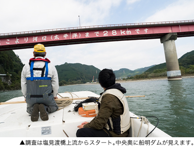 調査は塩見渡橋上流からスタート。中央奥に船明ダムが見えます。