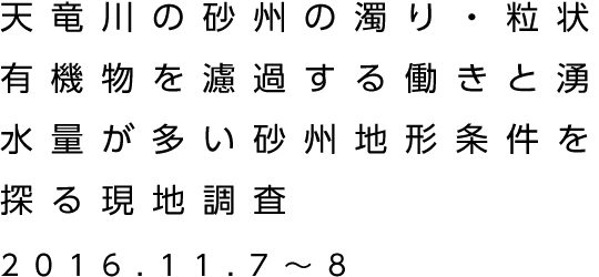 天竜川のアユ産卵適地造成のための湧水砂州調査＆流下に伴う濁度・粒状有機物の低減過程に関する調査　2016.11.7〜8